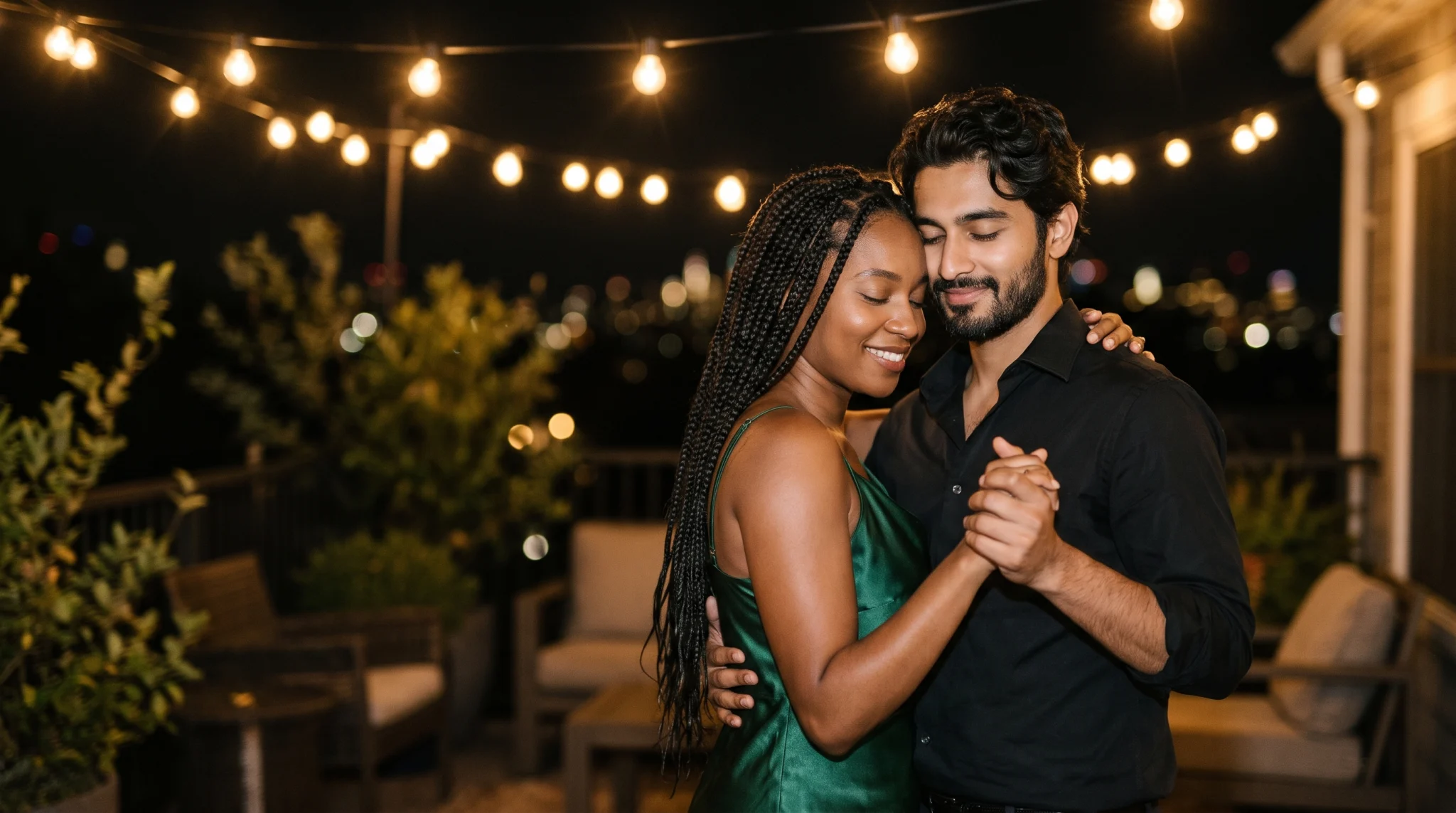 Couple slow dancing under string lights on a patio at night